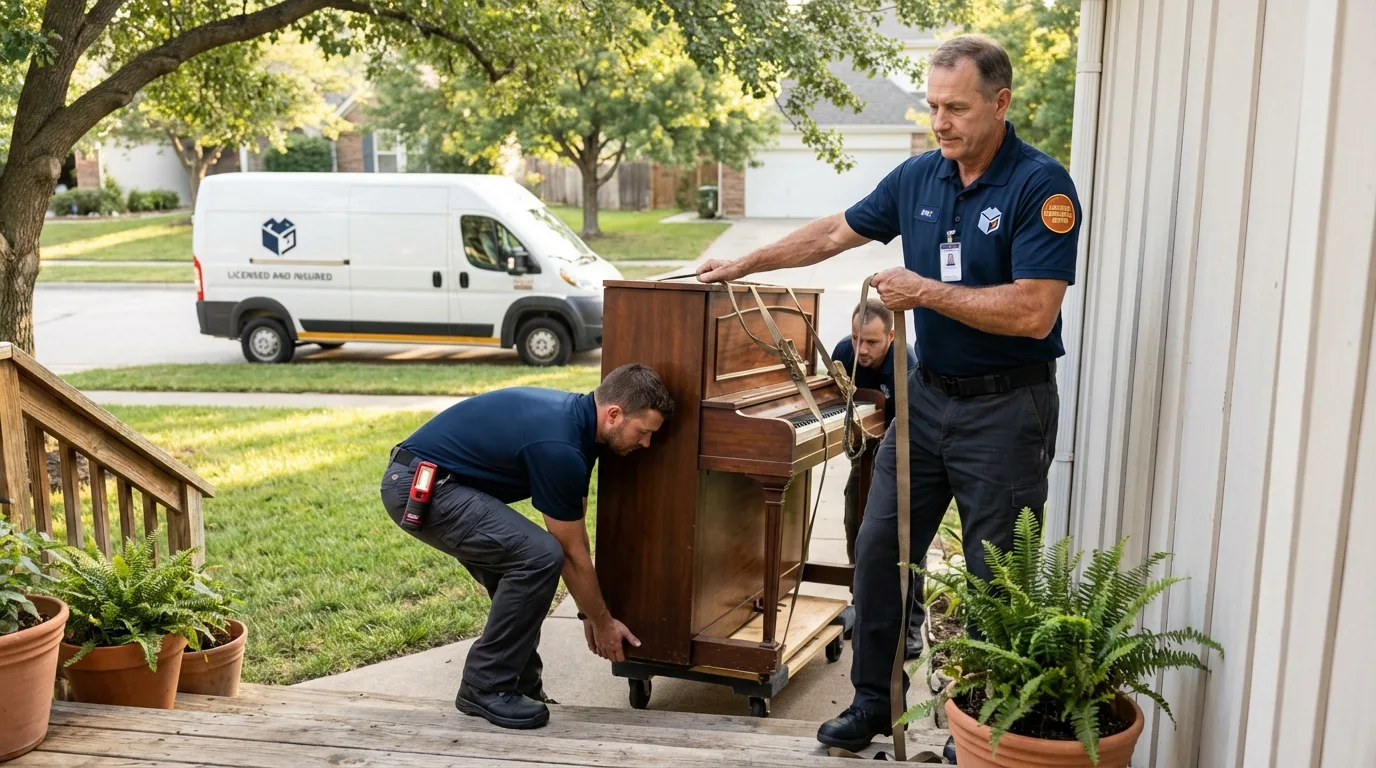 Licensed piano movers securing grand piano in Davidsonville, MD